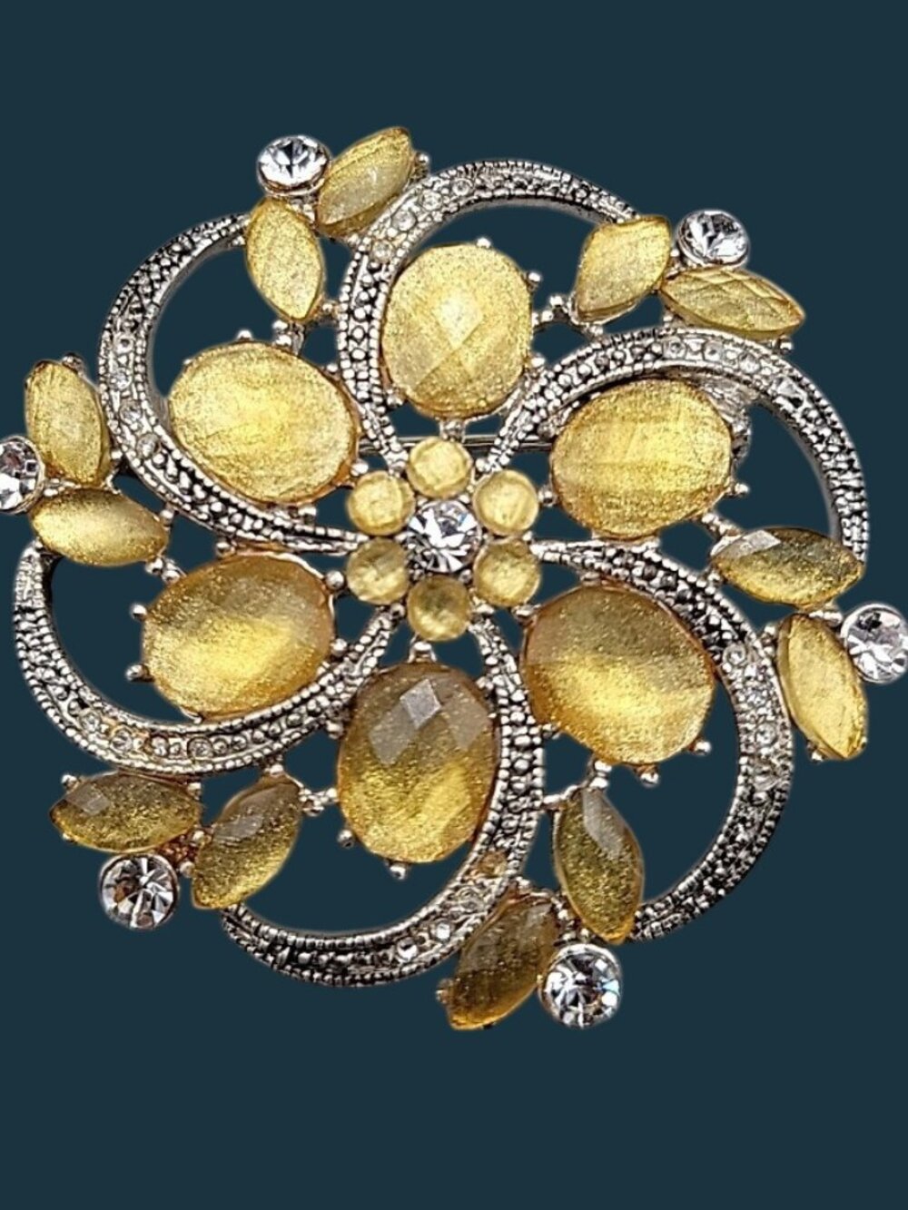 Liz Claiborne Yellow Rhinestone Brooch Clear Accents Silver Tone Vintage
